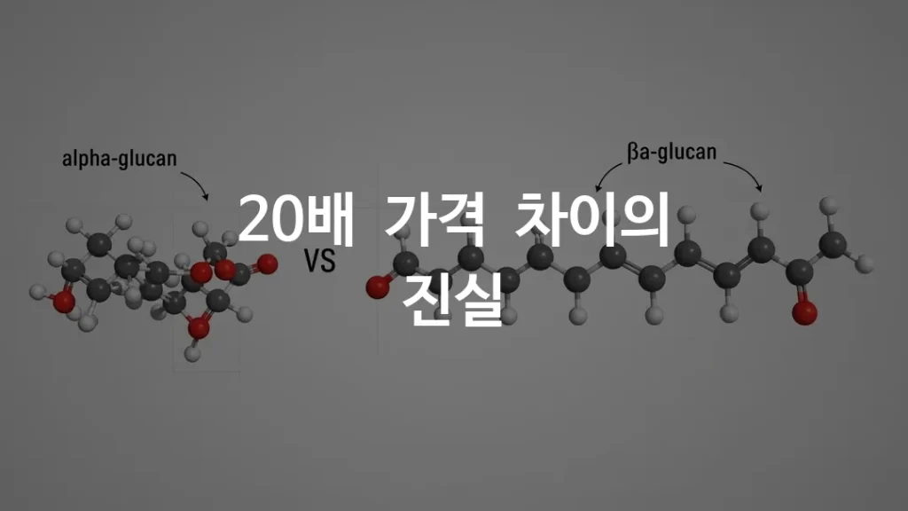 두 개의 분자 구조 모형이 대비되는 장면, 작은 알파글루칸 분자와 큰 베타글루칸 분자를 시각적으로 비교, 현대적인 과학 일러스트 스타일, 깔끔한 배경