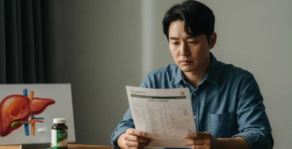 지방간 진단을 받고 AHCC 영양제를 고민하는 한국인 남성