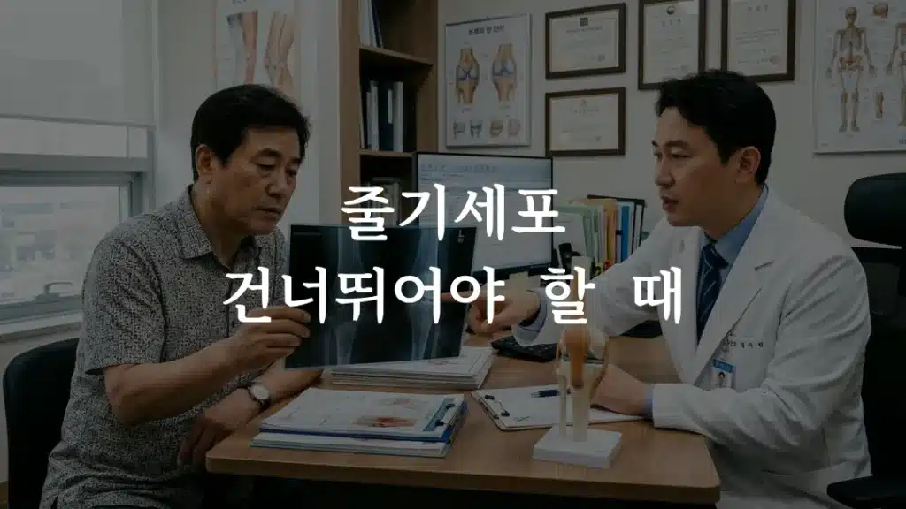 관절염 3기 인공관절 수술 여부를 의사와 상담하는 환자