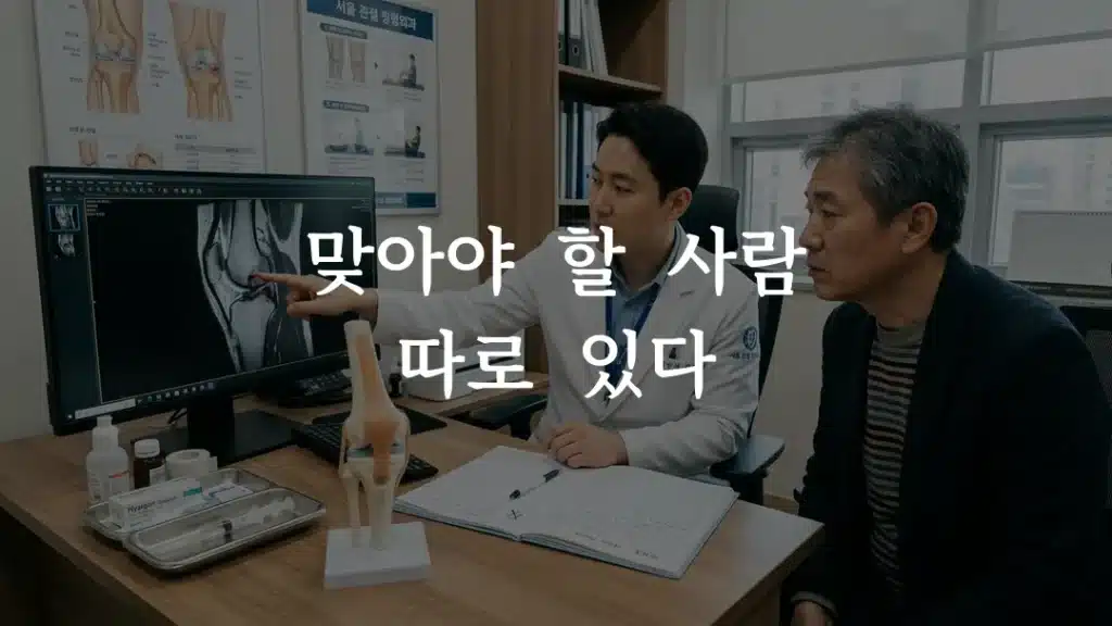 무릎 줄기세포 치료 효과를 상담받는 환자와 정형외과 의사