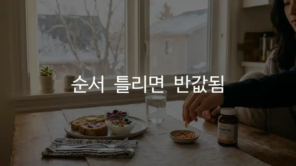 만성염증 영양제 오메가3 비타민D를 식사와 함께 챙기는 모습